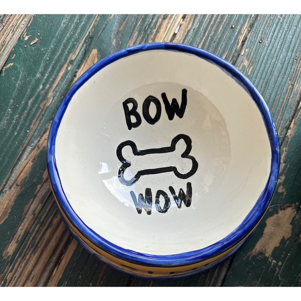 Hand Painted Ceramic Dog Bowl Bow Wow Doggie Simpson USA Pottery Yellow Blue